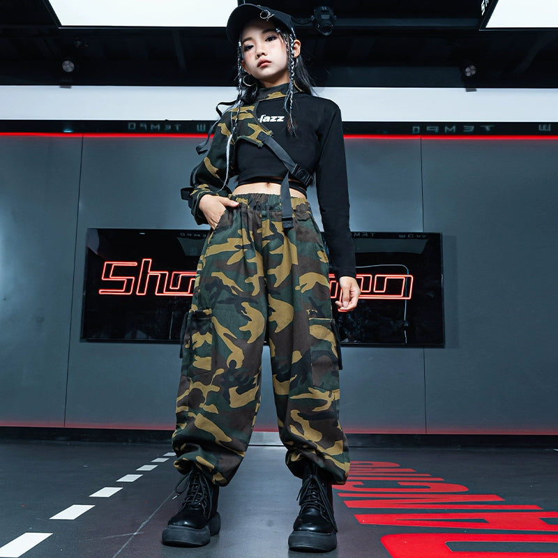 Jazz Dance Street Costume for Girls Camouflage Cargo Pants Gogo Dancers Rapper Singers Party Model Catwalk Outfits for Kids - Moderndancedress.com