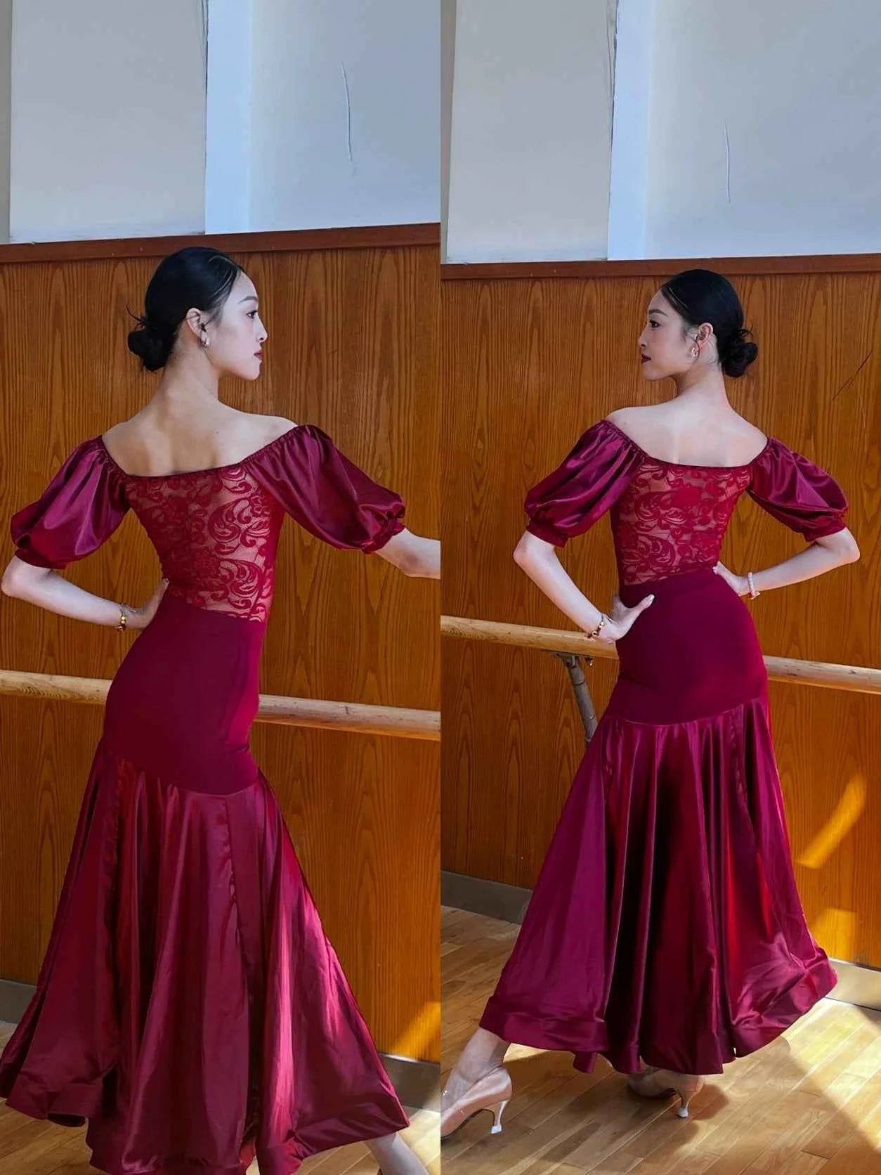 Black Wine Lace Ballroom Dance Dresses for Women Girls Waltz Tango Foxtrot Rhythm Performance Gown