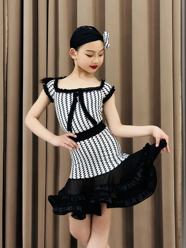 Black white plaid Latin dance dresses for kids girls salsa rumba latin stage performance dance uniforms for children - Moderndancedress.com