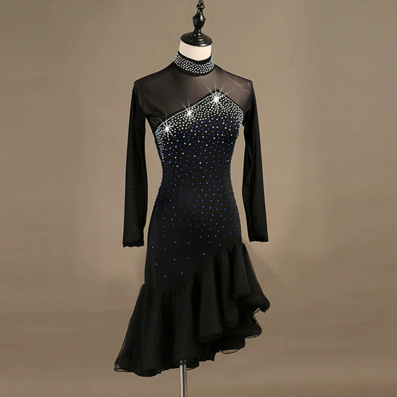 Latin Dance Dresses Women's Performance Spandex Georgette Appliques Crystals / Rhinestones Long Sleeves High Dress - Moderndancedress.com