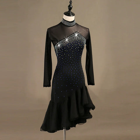 Latin Dance Dresses Women's Performance Spandex Georgette Appliques Crystals / Rhinestones Long Sleeves High Dress - Moderndancedress.com