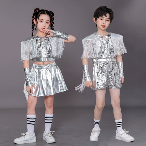Children's Silver fringe Sequins jazz dance Costumes Hip Hop Catwalk Models Dance outfits for  Boys Girls - Moderndancedress.com