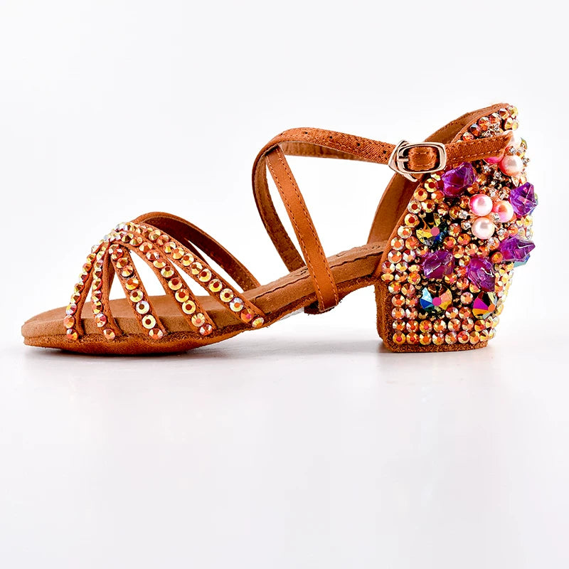 Women's Rhinestone Latin Dance Shoes | Low Heel Ballroom Salsa Sandals