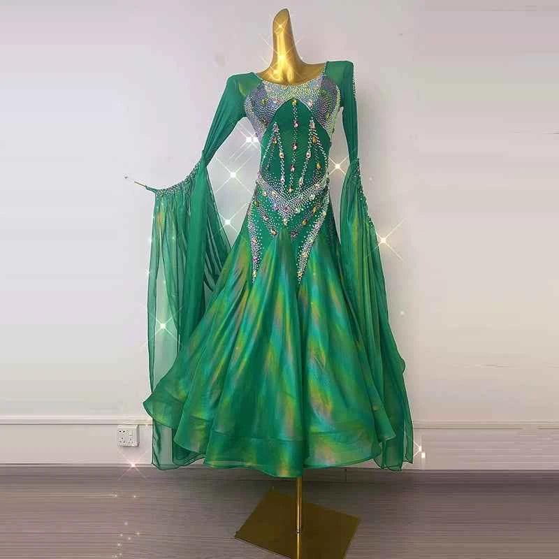 Custom size green competition ballroom dance dresses for women girls waltz tango foxtrot dance long gown
