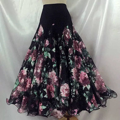 Customized Floral Modern Ballroom Dance Skirts Women Adult Waltz National Standard Tango Dance Performance Competition Skirts - Moderndancedress.com
