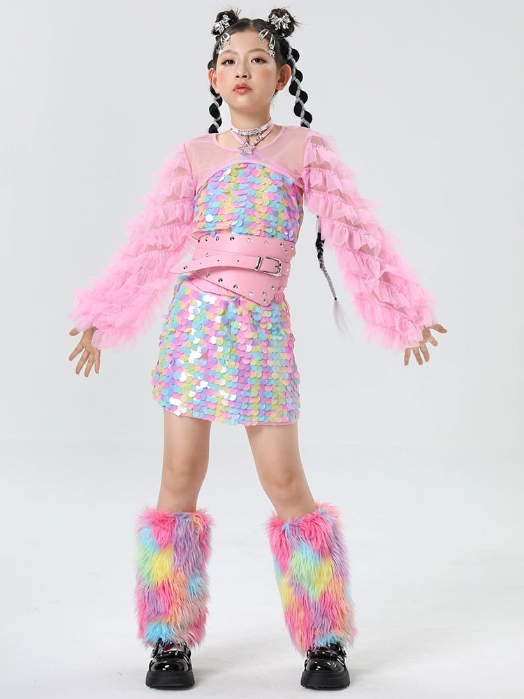 Rainbow Sequined Jazz Dance Costumes for Girls Kids Model Runway Catwalk Clothes Festival Party Dress Up Photos Shooting Outfits - Moderndancedress.com