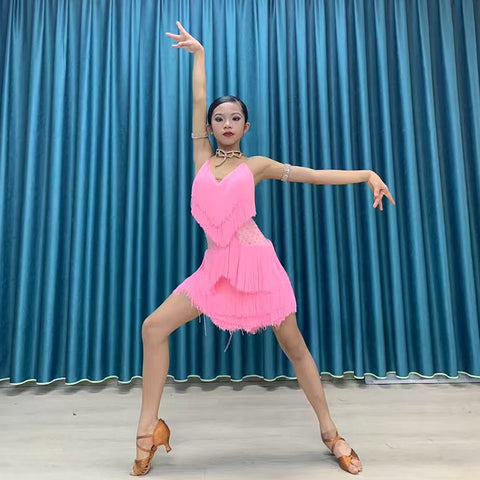 Custom Size Pink Fringe Latin Dance Dresses for Girls Women  Green Salsa Rumba Chacha Competition Costumes