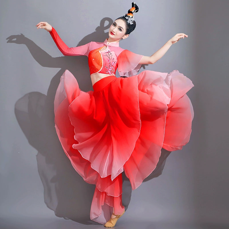Red gradient chinese folk Classical dance costumes women Festival traditional umbrella fan yangge dance petals dresses - Moderndancedress.com