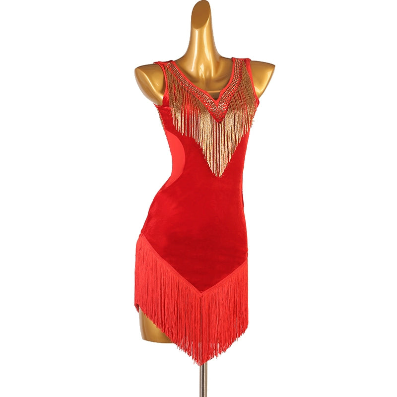 Gold Tube Fringed Black Red Velvet Latin Dance Dresses for Women Girls Rumba Cha Dance Outfits