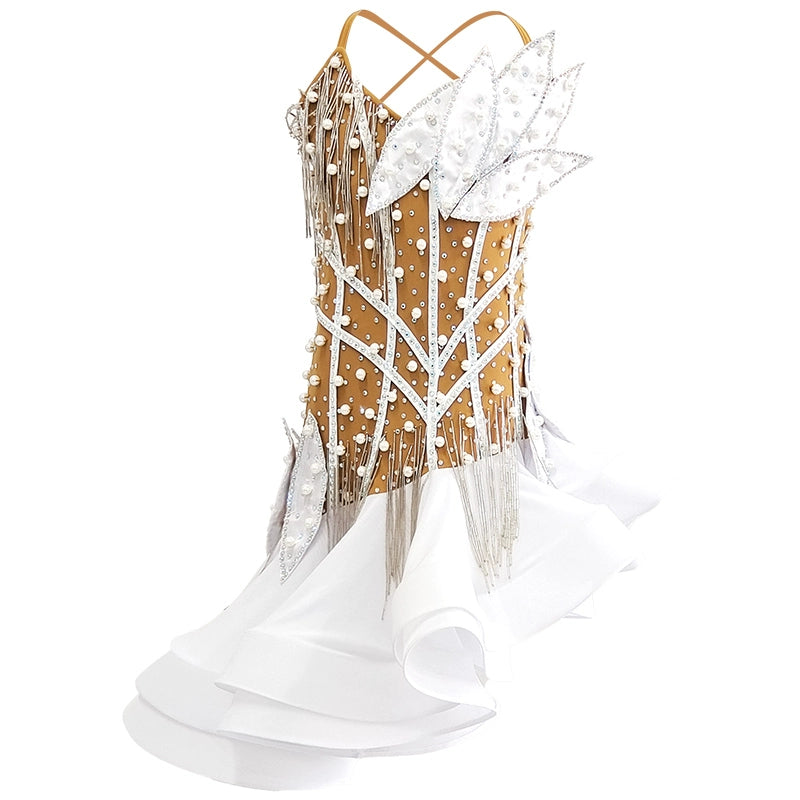 Girls Latin Dance Dresses White Salsa Rumba Chacha Latin Costumes Kids Stage Performance Clothing