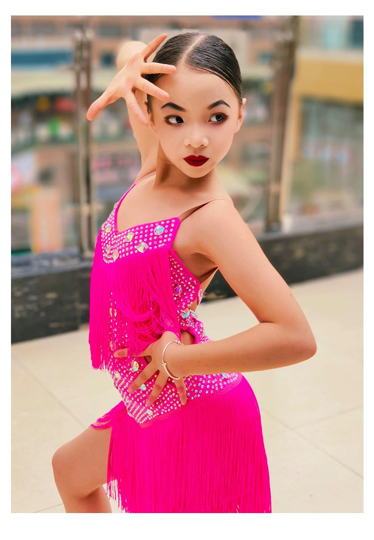 Neon Yellow Hot Pink Fringe Latin Dance Competition Dresses for Girls Children Solo Salsa Rumba Samba Chacha Performance Costumes for Kids - Moderndancedress.com