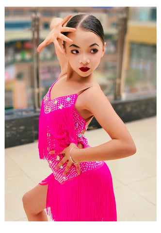 Neon Yellow Hot Pink Fringe Latin Dance Competition Dresses for Girls Children Solo Salsa Rumba Samba Chacha Performance Costumes for Kids - Moderndancedress.com