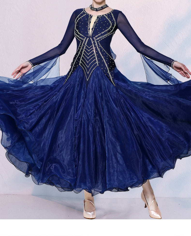 Navy Fuchsia Crystal Ballroom Dance Dresses for Women Girls Waltz Tango Competition Smooth Rhythm Dance Long Gown - Moderndancedress.com