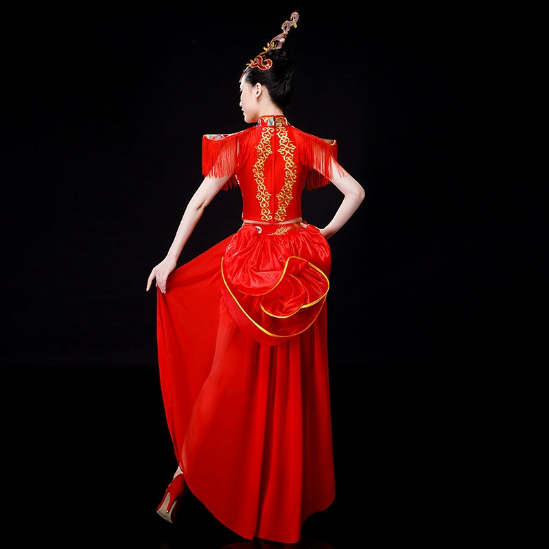 Jazz Dance Costumes Drum costume performance dress Chinese fans waist drum Dress Adult cheongsam modern dance performance dress - Moderndancedress.com