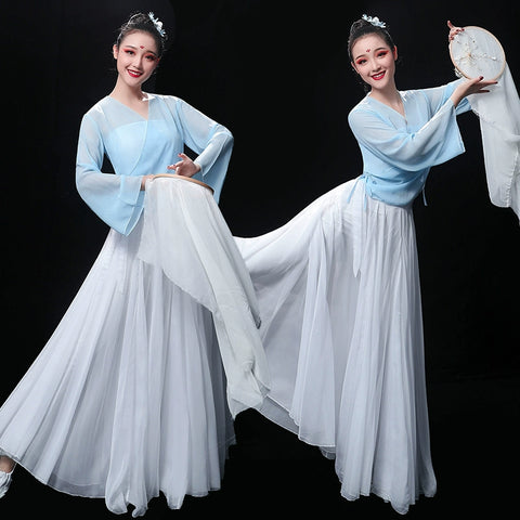 Chinese Folk Dance Costume Classical Dance Costume Chinese Wind Training Gongfu Modern Dance Costume Fan Long Skirt Fairy Adult