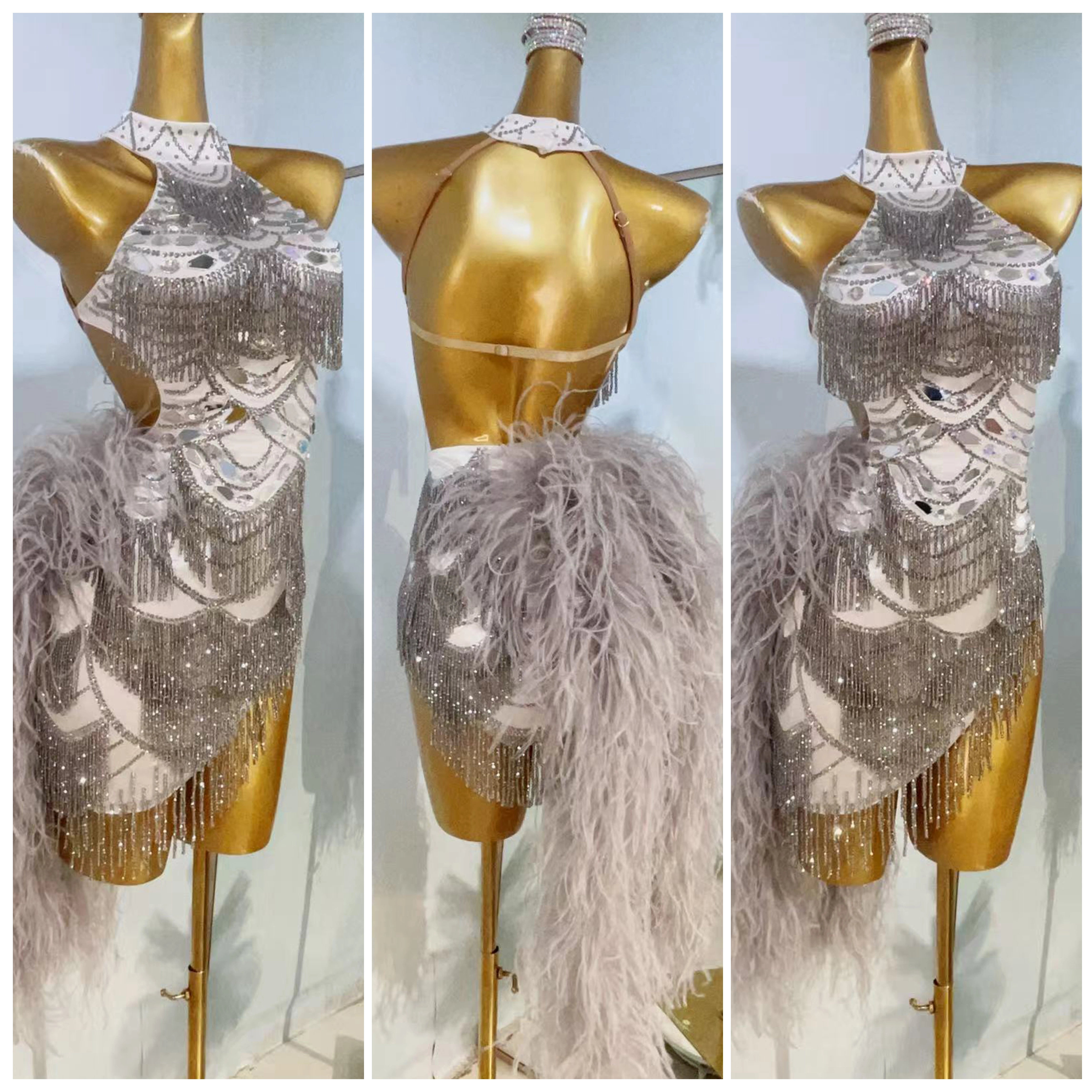 Custom Size Silver Feather Latin Dance Dresses for Women Salsa Rumba Samba Chacha Latin Dance Costume Tuxedo Skirts