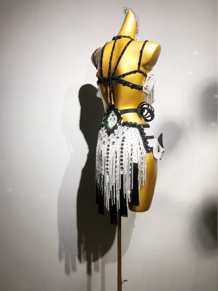 Custom Size White with Black Rhinestones Competition Latin Dance Dress Black Pool Dance Costume