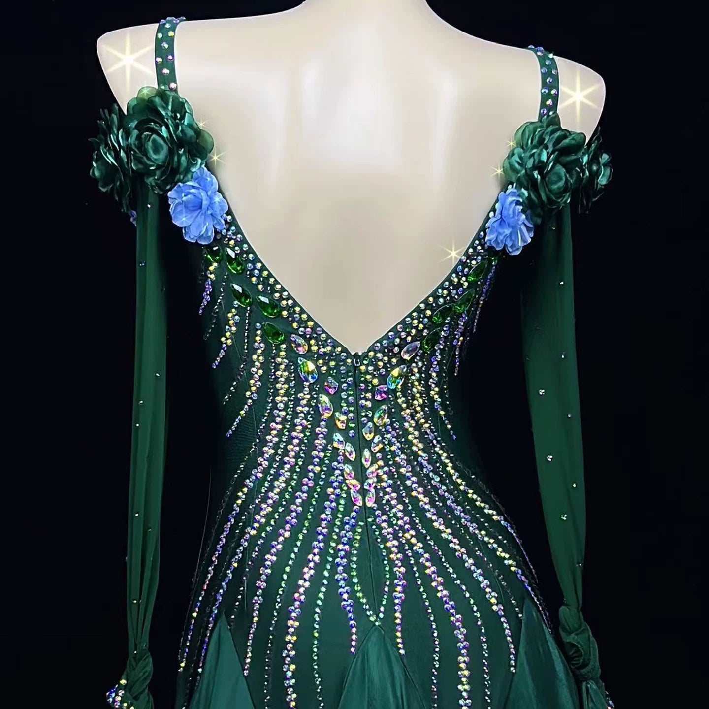 Custom Emerald Green Ballroom Dance Dress with 3D Flowers  Rhinestone Waltz Tango Gown