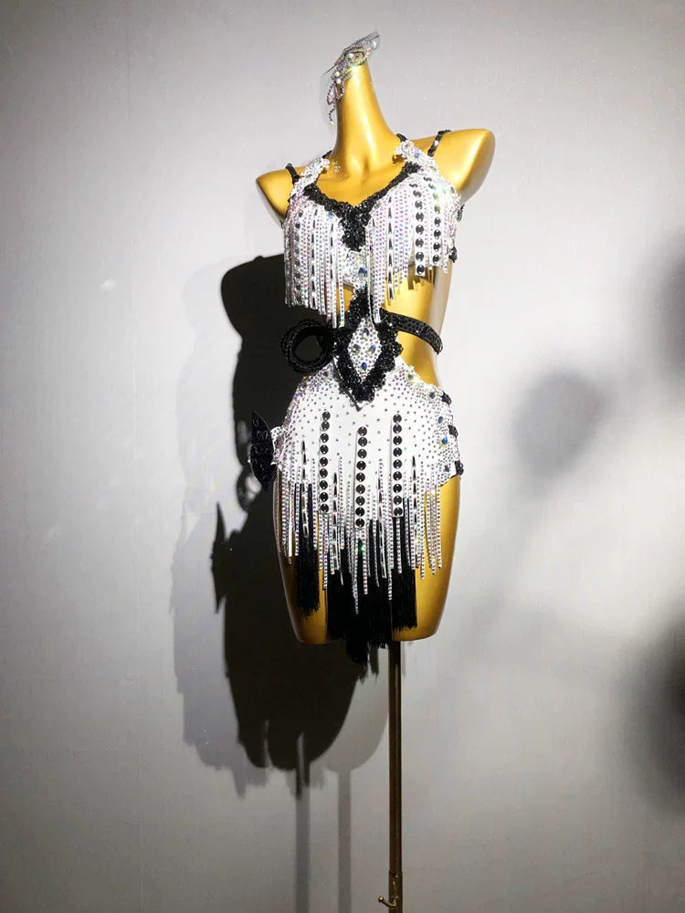 Custom Size White with Black Rhinestones Competition Latin Dance Dress Black Pool Dance Costume