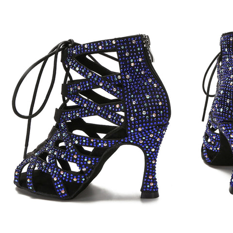 Competition blue black bling Latin dance shoes for women girls soft soles jazz ballroom salsa rumba chacha dance high heel sandals - Moderndancedress.com