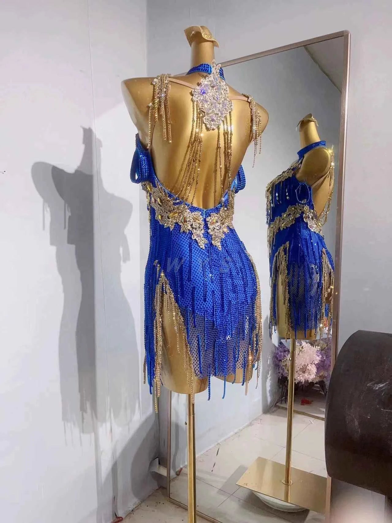 Custom Size Competition Latin Dance Dresses Royal Blue Bing Mesh Fringe for Women Girls Blackpool Salsa Chacha Dancing Outfits