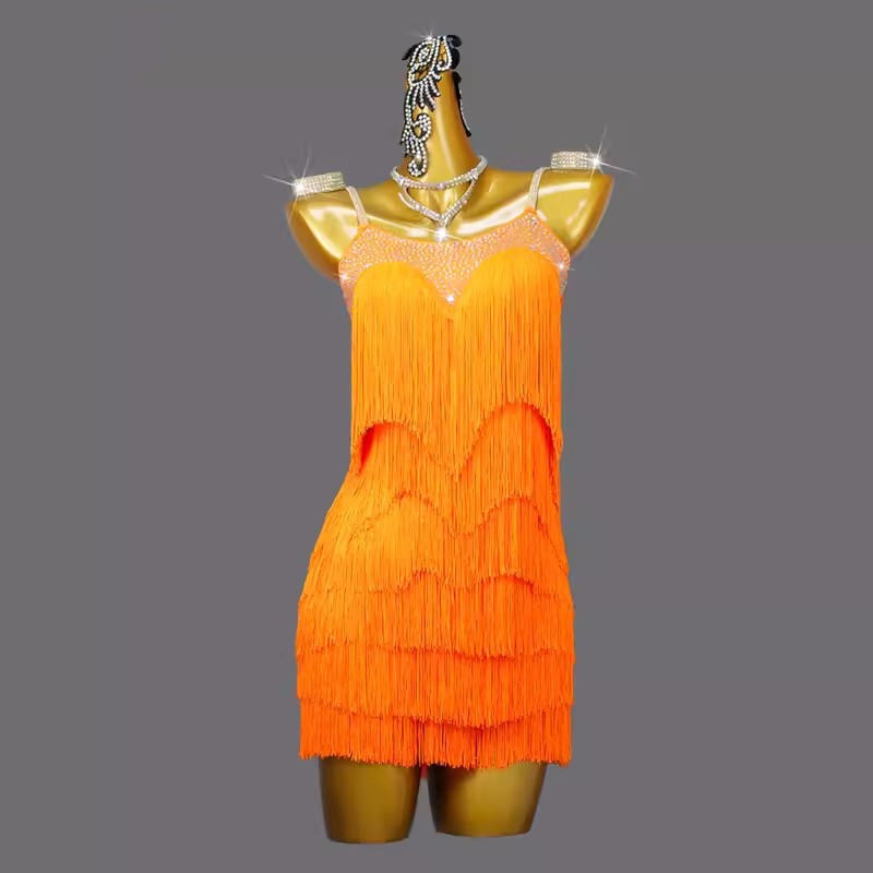 Orange fringe competition latin dance dresses for women girls salsa rumba chacha ballroom dancing skirts for female - Moderndancedress.com