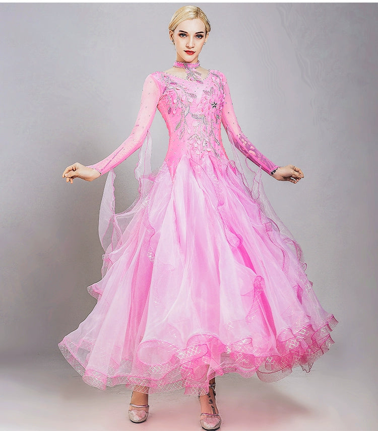 Modern Ballroom dance dresses red blue pink stones waltz tango foxtrot smooth dance swing skirt national standard performance gown for female - Moderndancedress.com