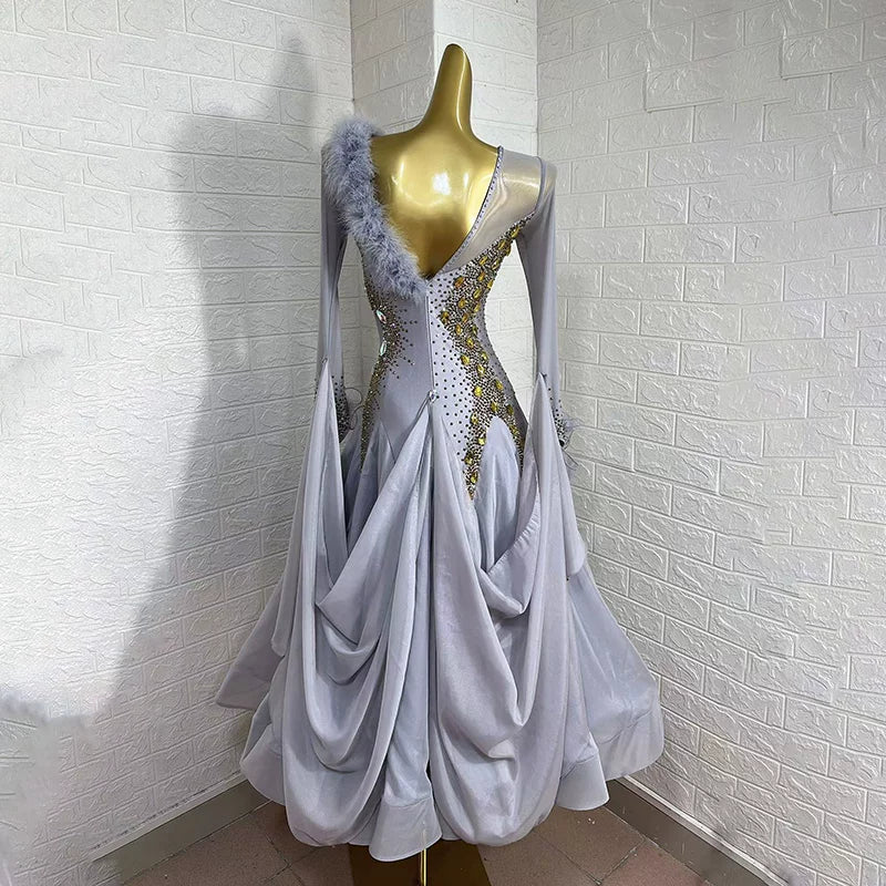 Custom Size Gold Rhinestone Silver Ballroom Dance Dress for Women Feather Standard Waltz Tango Rhythm Competition Gown