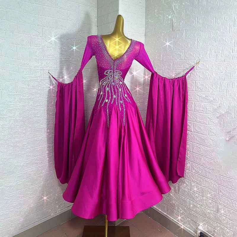 Custom  Size Women's Fuchsia Ballroom Dance Dress Rhinestones Waltz Smooth Gown with Float
