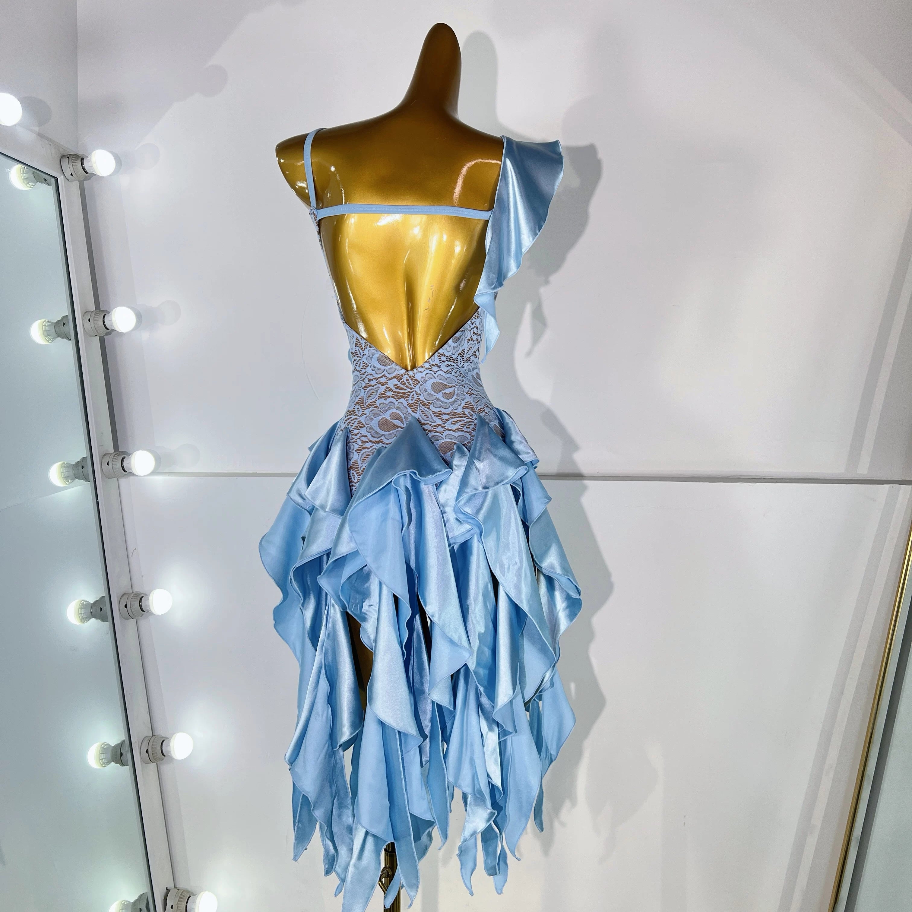 Custom Size Blue Lace Latin Dance Dress Salsa Ballroom Irregular Hem Fringe Skirt