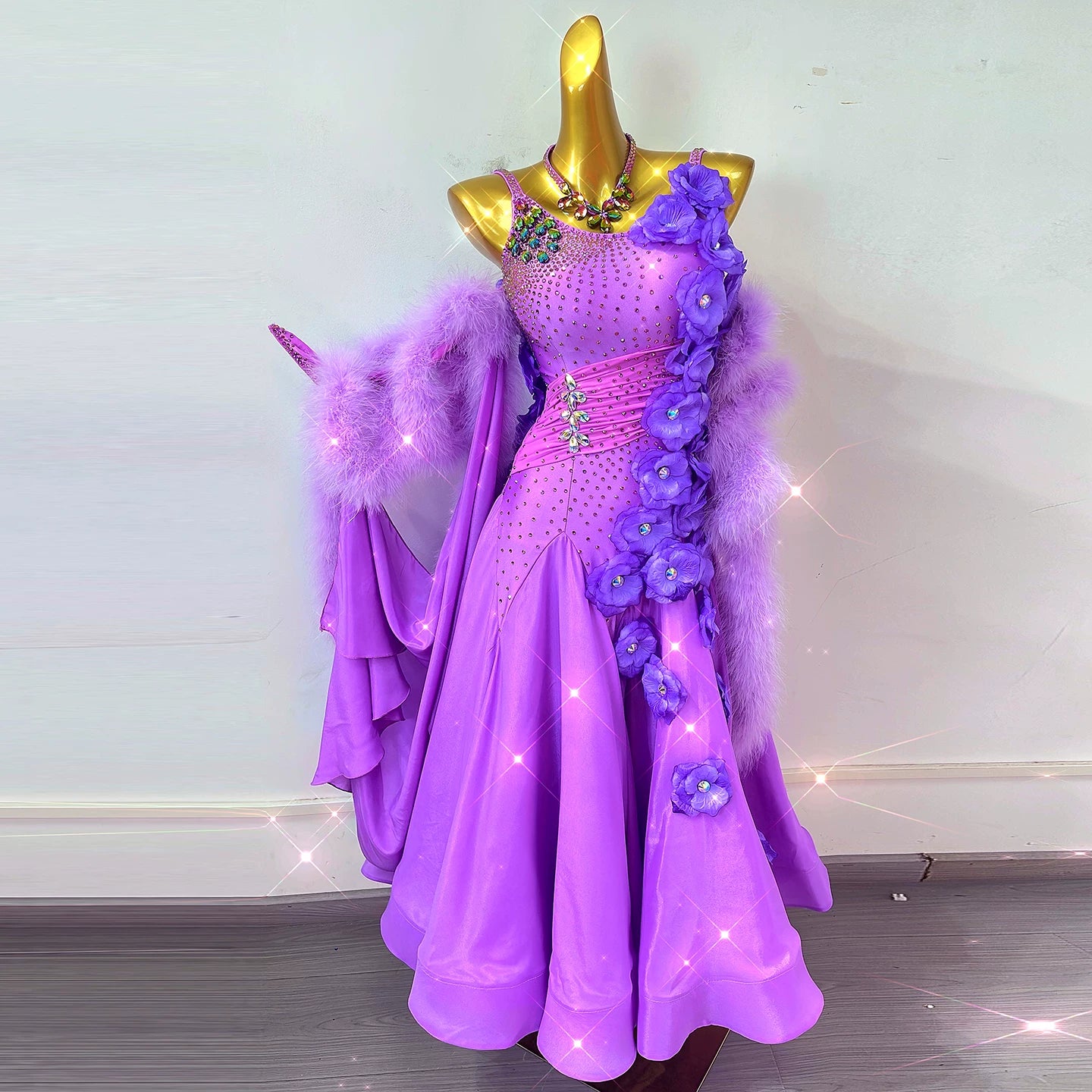 Custom Size Violet Ballroom Dance Dress - 3D Flower & Feather Competition Gown for Waltz, Tango, Smooth