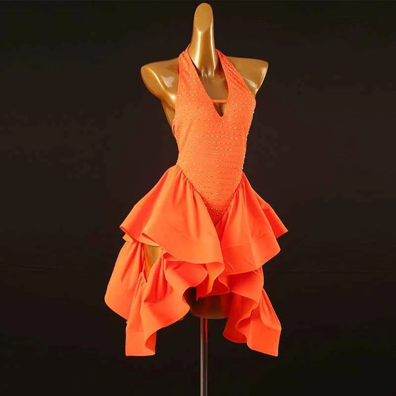 New National Standard Latin Dance Competition Dress Rumba Samba Performance Clothing Orange Lq435 - Moderndancedress.com