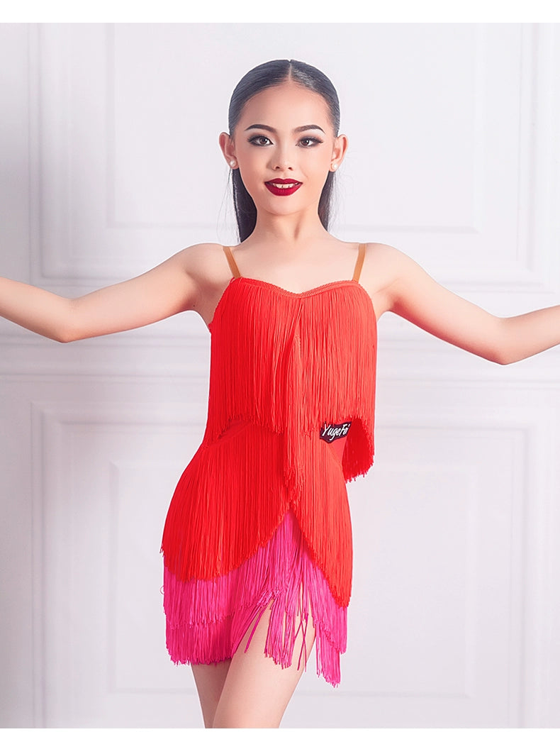 Children's Pink red fringe competition Latin dance dress for girls salsa rumba chacha ballroom one-piece performance suit for children - Moderndancedress.com
