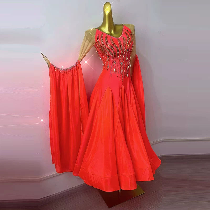 Custom Coral Red Ballroom Dance Competition Dress with Crystals Waltz Foxtrot Rhythm Gown