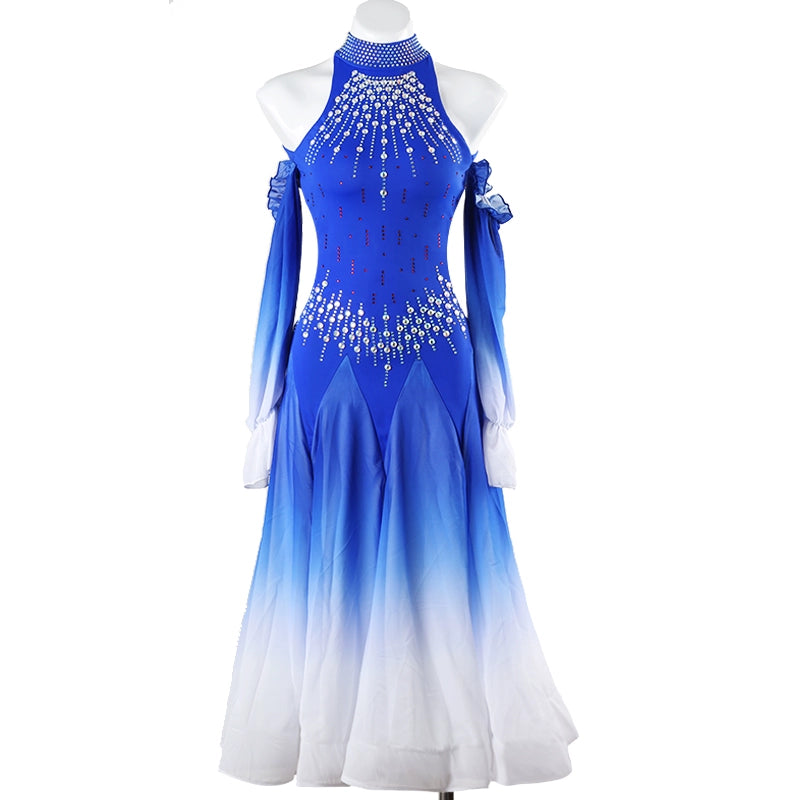 Royal Blue Black Gradient Competition Ballroom Dance Dress for Women Girls Rhinestones Halter Neck Dew Shoulder Waltz Tango Party Dance Long Gown for Female - Moderndancedress.com