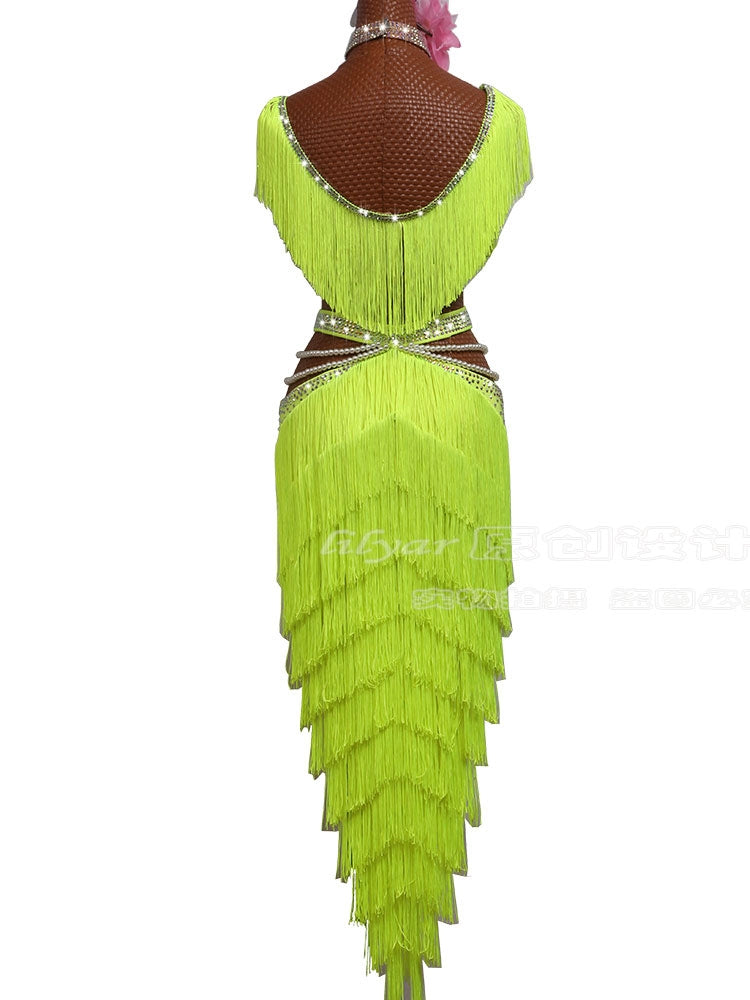 Women girls Latin dance competition dresses fluorescent yellow latin salsa rumba chacha ballroom performance dance tassel skirts - Moderndancedress.com