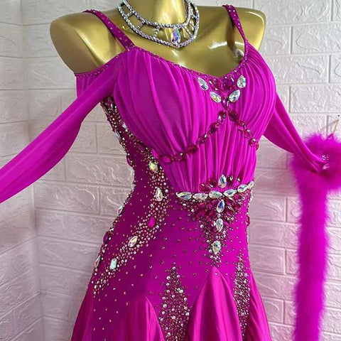 Custom Size Fuchsia Competition Ballroom Dance Dresses for Women Girls Rabbit Fur Floating Waltz Tango Dance Long Gown