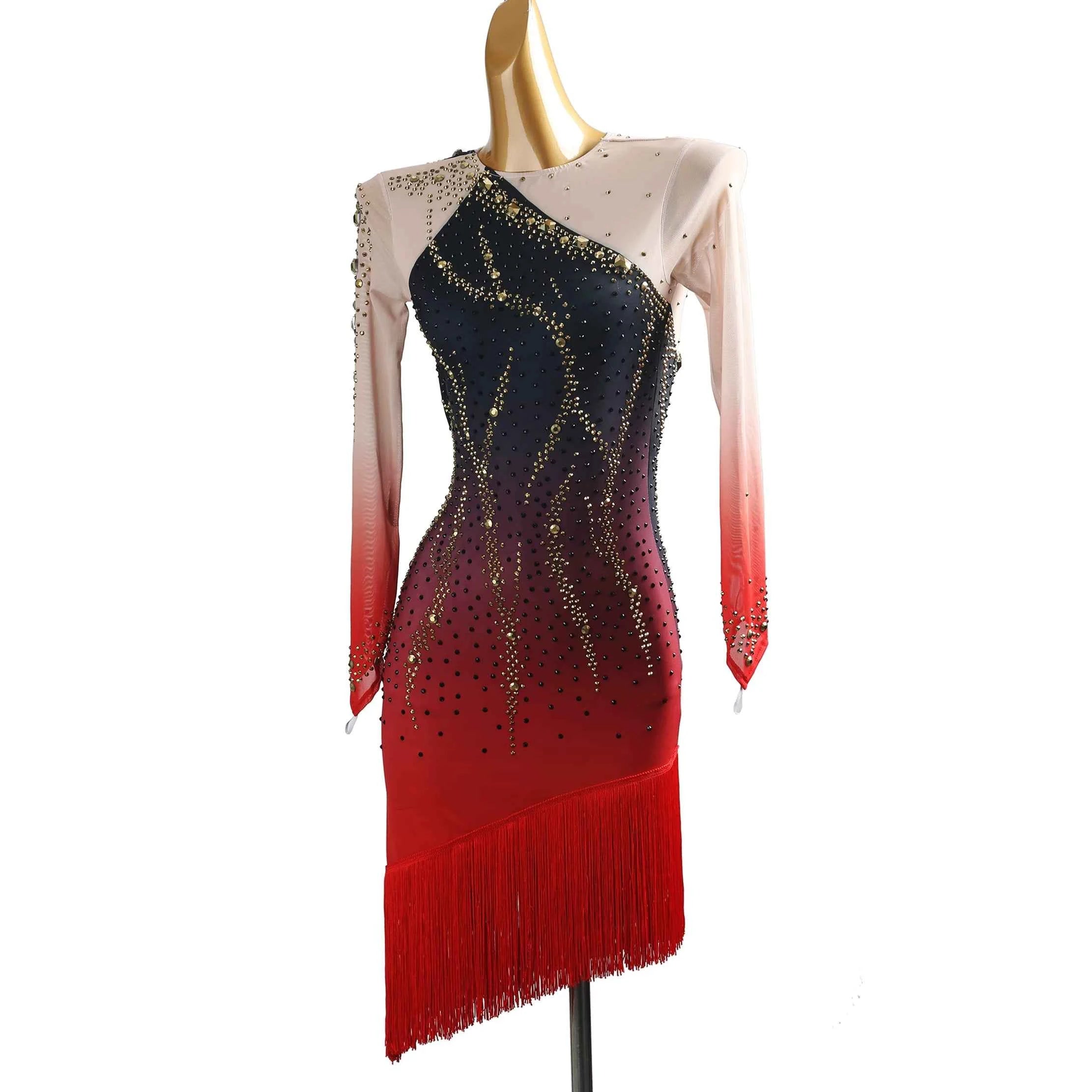 Black with Red Gold Rhinestones Latin Dance Dress for Women Girls Salsa Chacha Dancing Costume