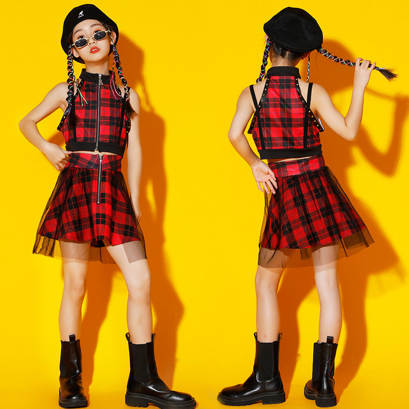 Children Red plaid street hip-hop jazz dance costume  group band gogo dancers rapper singers dance outfits model show catwalk clothes for kids - Moderndancedress.com