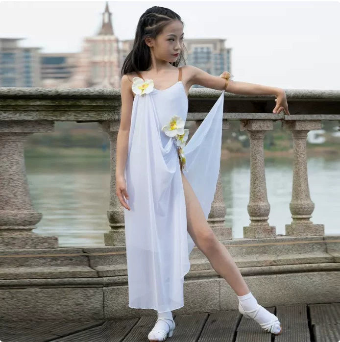 Girls kids white flowy latin dance dresses salsa rumba chacha stage performance costumes for children solo dance flower suit - Moderndancedress.com