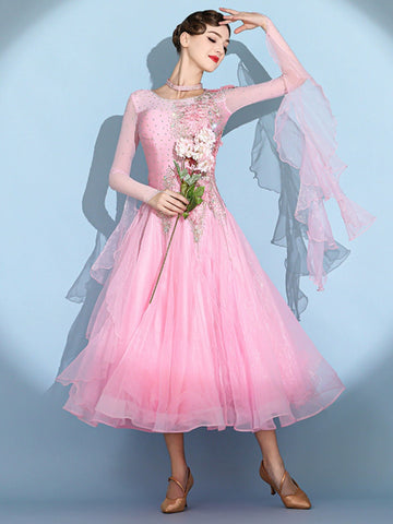 Custom size pink competition bling ballroom dance dresses for women girls kids waltz tango rhythm smooth foxtrot National standard dance long gown - Moderndancedress.com
