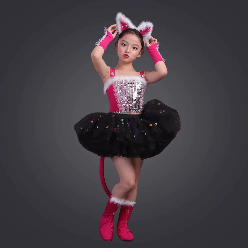 Toddler Pink Black Cat Jazz Dance Costumes for Girls Boys Modern Anime Cartoon Halloween Party Dress Up Cosplay Dancing Dance Costume - Moderndancedress.com