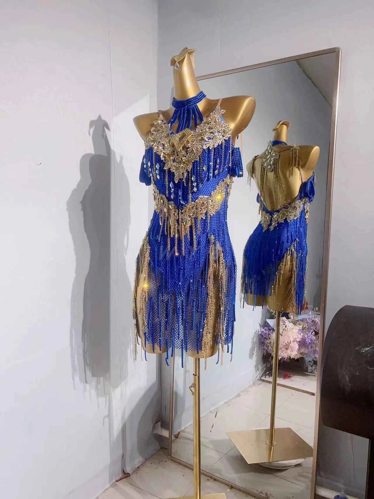 Custom Size Competition Latin Dance Dresses Royal Blue Bing Mesh Fringe for Women Girls Blackpool Salsa Chacha Dancing Outfits