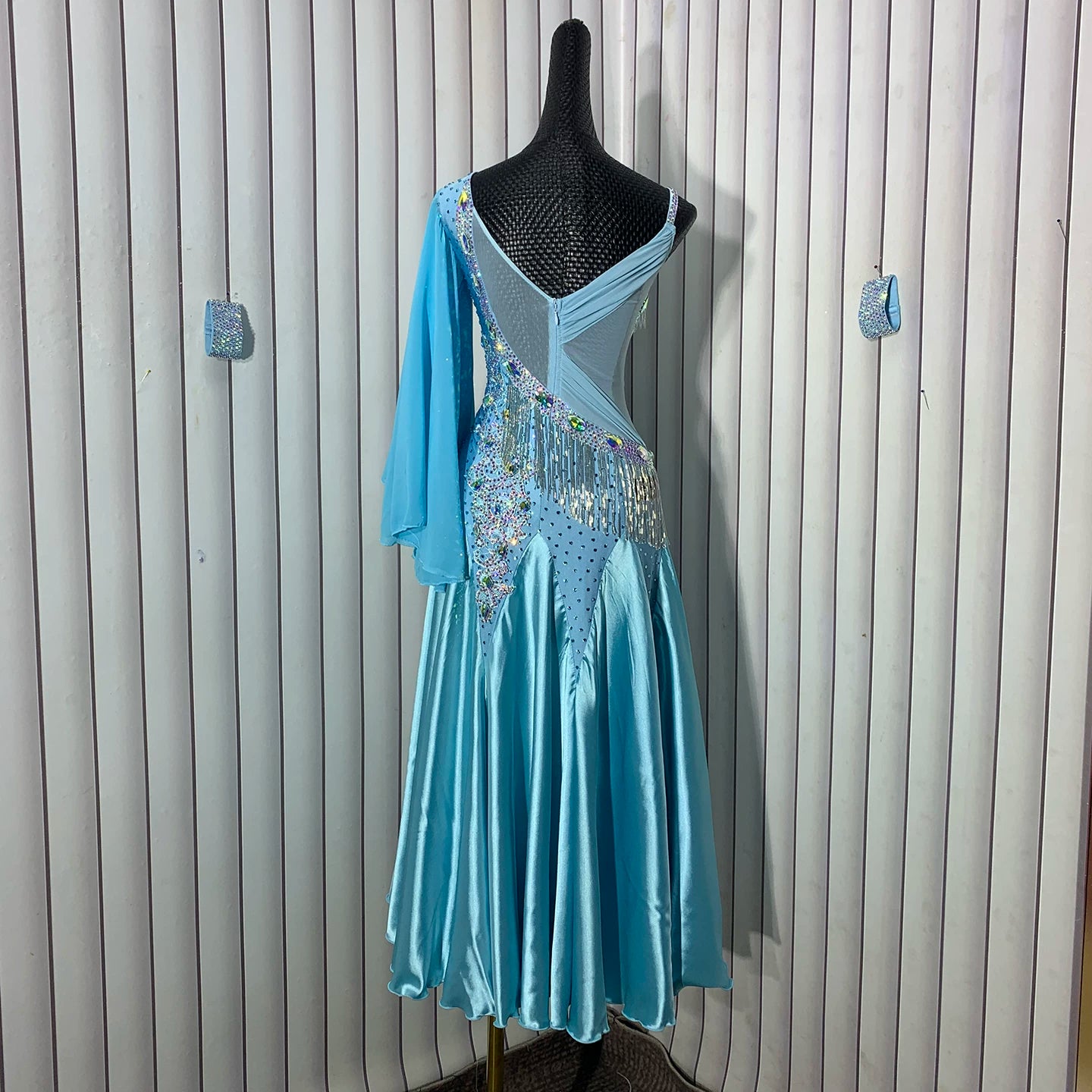 Custom Size Blue American Smooth Dance Dress for Women Ballroom Dance Competition Gown One Shoulder