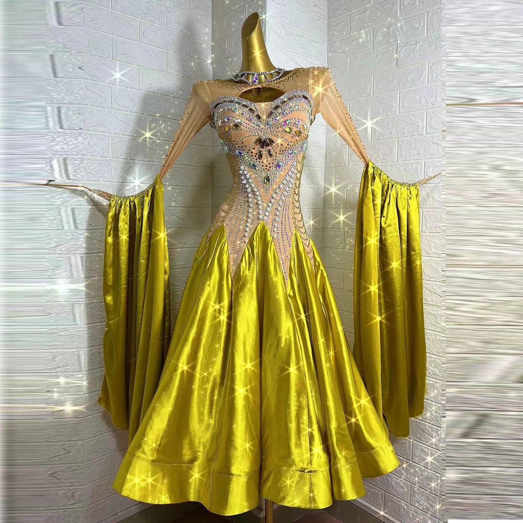 Custom Size Gold Competition Ballroom Dance Dresses for Women Girls Waltz Tango Performance Long Social Dance Gown