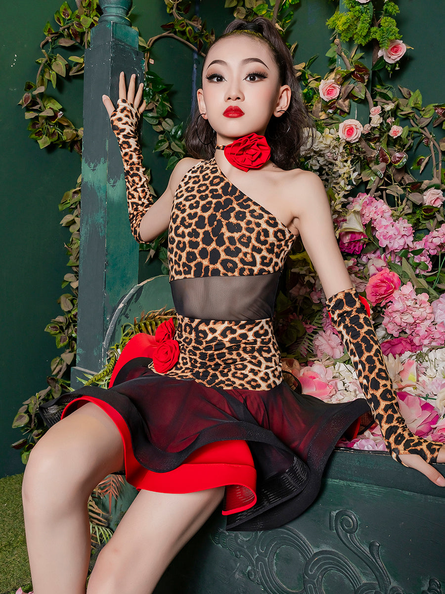 Children's leopard red rose Latin dance costume slant neck girls ballroom salsa rumba chacha latin performance dresses for kids - Moderndancedress.com