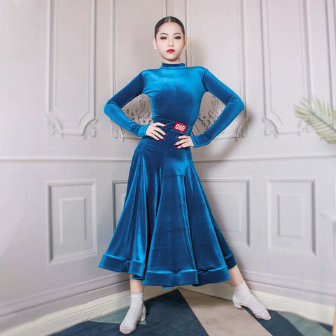 Girls Blue Purple Grey Velvet Ballroom Latin Dance Dresses for Kids Children  Competition Professional Performance Long Skirts for Children - Moderndancedress.com