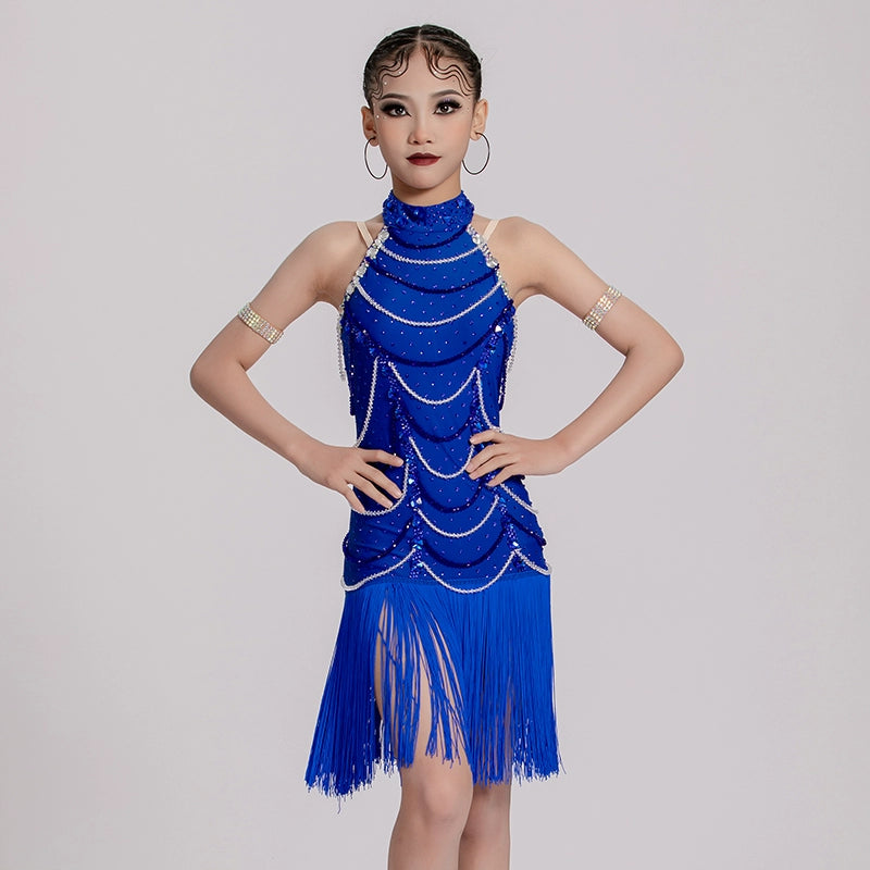 Custom Size Rhinestones Royal Blue Fringe Competition Latin Dance Dresses for Girls Kids Salsa Rumba Chacha Tassel Professional Art Test Dance Skirts - Moderndancedress.com