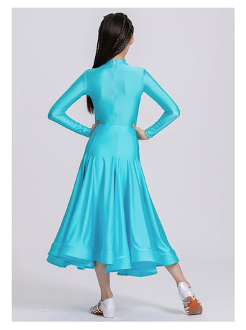 Blue Red Ballroom Dance Dresses for Girls Kids Long-sleeved  Latin Tango Waltz Juvenile Performance Long Gown Art Test Performance Skirts - Moderndancedress.com