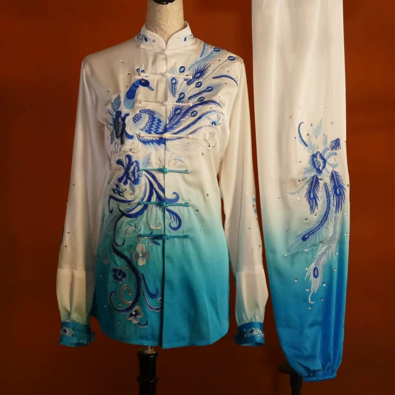 Custom Size Tai Chi Clothing Dark Green Embroidered Phoenix Wushu Martial Arts Kunfu Group Performance Uniforms - Moderndancedress.com